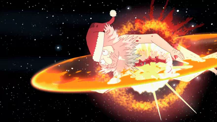 HD PC desktop wallpaper: Rick and Morty TV-show style Santa-like Rick diving through a flaming portal in space, vibrant colors — art by Ruben Ridley.