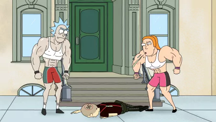 An HD desktop wallpaper featuring Summer Smith and Rick Sanchez from the TV show Rick and Morty, with a humorous scene depicting them confronting a fallen character.