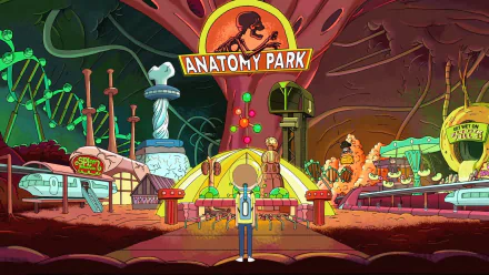HD desktop wallpaper featuring Morty Smith standing in front of Anatomy Park from the TV show Rick and Morty, showcasing a detailed and colorful animated scene.