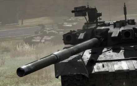 A detailed HD wallpaper featuring the T-90 tank from the video game ARMA 2, set against a misty landscape with multiple tanks in the background.