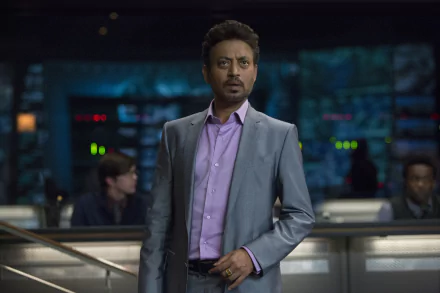 Irrfan Khan stands in an industrial setting, dressed in a light gray suit and purple shirt, from the movie Jurassic World, showcasing a dramatic scene in 4K Ultra HD.