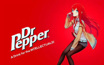 HD PC desktop wallpaper featuring a man-made Dr Pepper logo and slogan alongside an anime-style character drinking from a can, set against a vibrant red background.