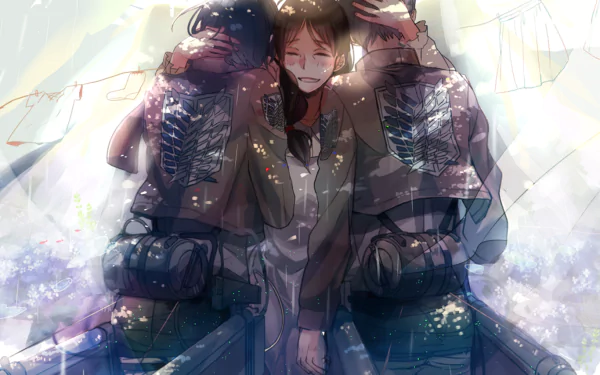 A vibrant HD wallpaper featuring Carla Yeager, Mikasa Ackerman, and Eren Yeager from the anime Attack on Titan, capturing an emotional moment between the characters.