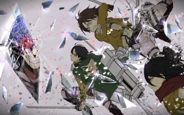 Dynamic HD wallpaper featuring Eren Yeager, Mikasa Ackerman, and Levi Ackerman from Attack on Titan, battling against a colossal titan amidst shattered glass effects.