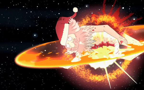HD PC desktop wallpaper: Rick and Morty TV-show style Santa-like Rick diving through a flaming portal in space, vibrant colors — art by Ruben Ridley.