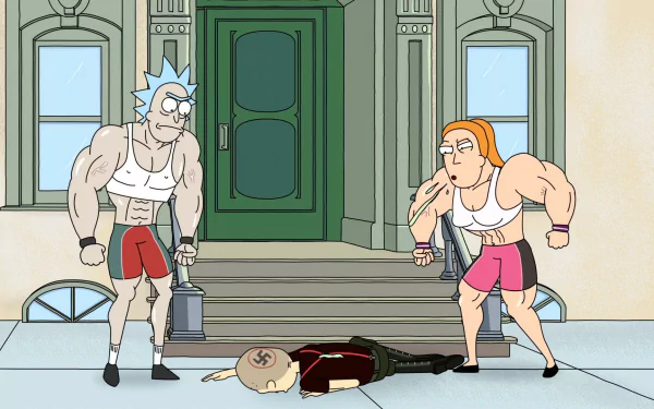 An HD desktop wallpaper featuring Summer Smith and Rick Sanchez from the TV show Rick and Morty, with a humorous scene depicting them confronting a fallen character.