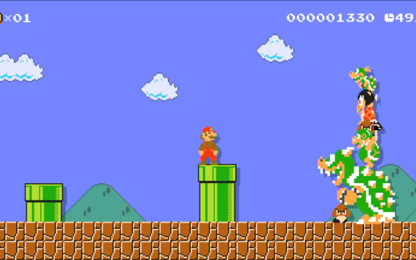 HD desktop wallpaper of Super Mario Maker showing Mario standing by a pipe with Bowser approaching, in a classic level setup.