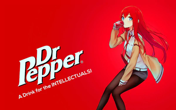 HD PC desktop wallpaper featuring a man-made Dr Pepper logo and slogan alongside an anime-style character drinking from a can, set against a vibrant red background.