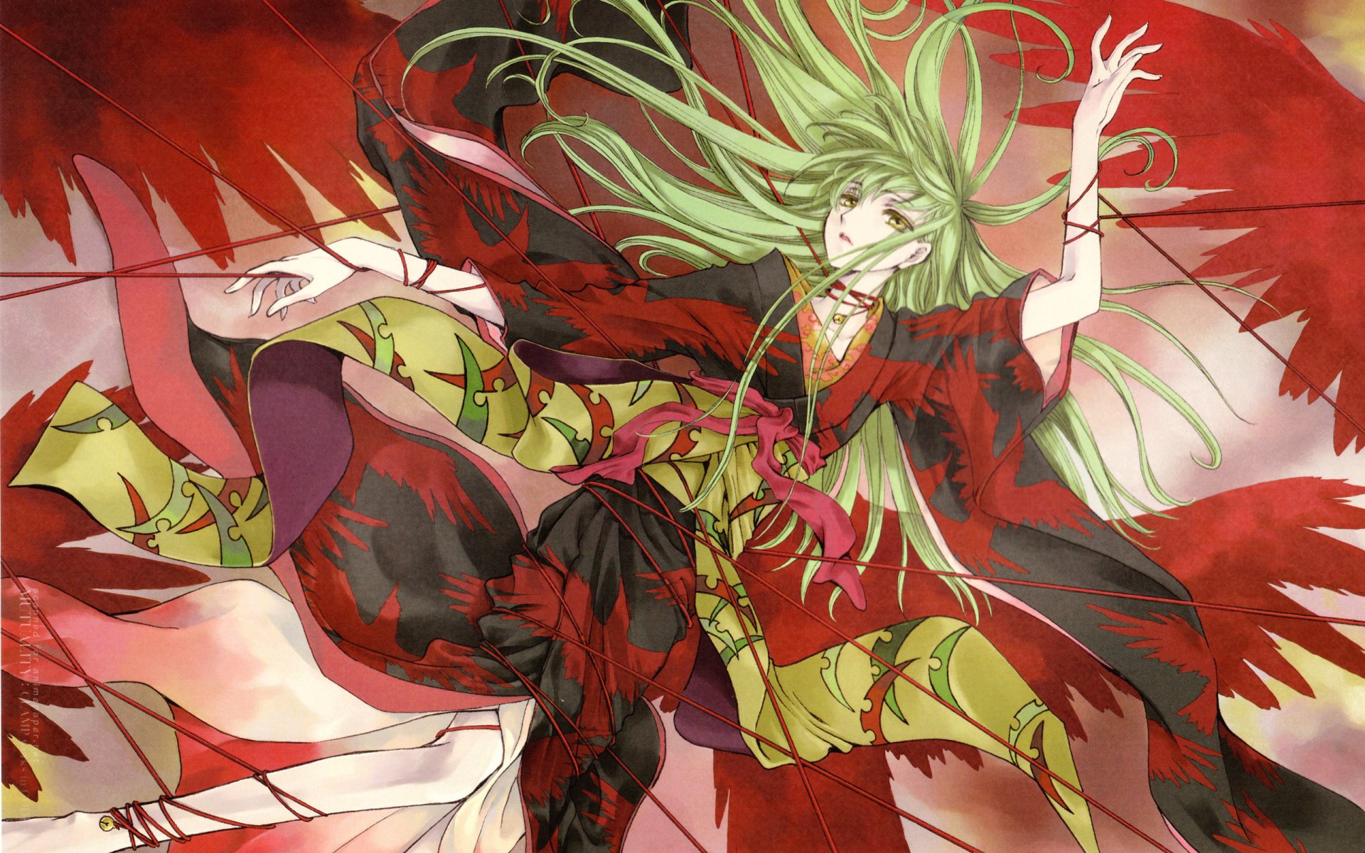 HD PC desktop wallpaper featuring C.C. from Code Geass in dynamic anime style, with flowing green hair and red-black attire against a vivid red background.