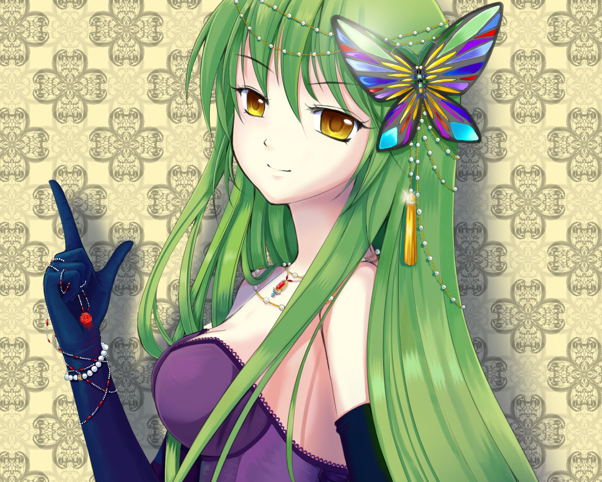 HD PC desktop wallpaper featuring C.C. from Code Geass with long green hair adorned by a colorful butterfly accessory against a patterned beige background.