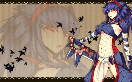HD PC desktop wallpaper showing a blue-armored female hunter from Monster Hunter 4 Ultimate, sword drawn beside a faded portrait and scattered leaf/star motifs.