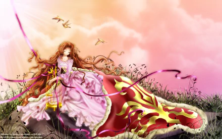 HD anime desktop wallpaper featuring Nunnally Lamperouge from Code Geass, dressed in an elegant flowing gown with a serene pink sky and delicate floral surroundings.