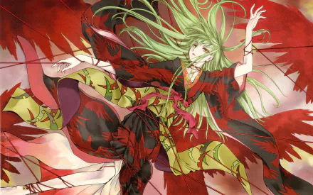 HD PC desktop wallpaper featuring C.C. from Code Geass in dynamic anime style, with flowing green hair and red-black attire against a vivid red background.