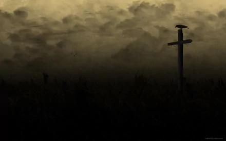 A crow perched on a cross against a dramatic, cloudy sky creates a haunting atmosphere in this HD PC desktop wallpaper and background.