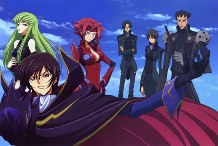 Kyoshiro Tohdoh, Shōgo Asahina, Nagisa Chiba, Kallen Kōzuki, C.C., and Lelouch Lamperouge from Code Geass stand together against a blue sky in this 4K Ultra HD anime wallpaper.