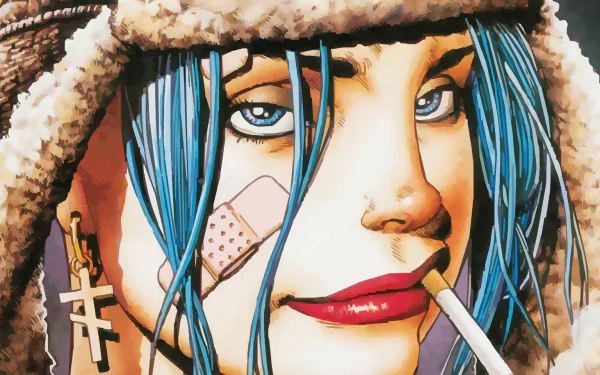 Close-up comic-style portrait of Tank Girl with blue hair, a fur hat, and a cigarette, rendered in vivid 4K Ultra HD detail for PC desktop wallpaper.