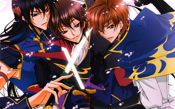 Code Geass 2K Quad HD PC wallpaper: Li Xingke, Suzaku Kururugi, and Lelouch Lamperouge in ornate military cloaks, posed together with glowing light and dramatic anime styling.