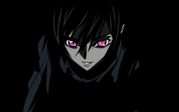 Lelouch Lamperouge from Code Geass, close-up in shadow with glowing violet eyes and a sly smile — anime 4K Ultra HD PC desktop wallpaper/background.