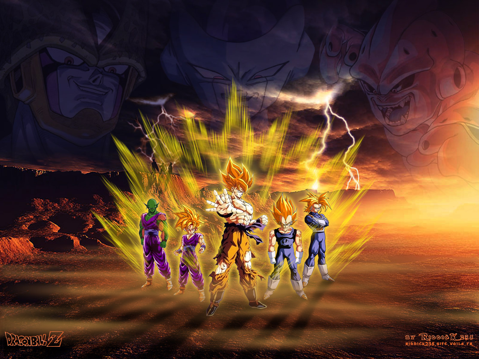 Dragon Ball characters, including Goku, Cell, Vegeta, Gohan, Trunks, Frieza, and Majin Buu in Super Saiyan form.