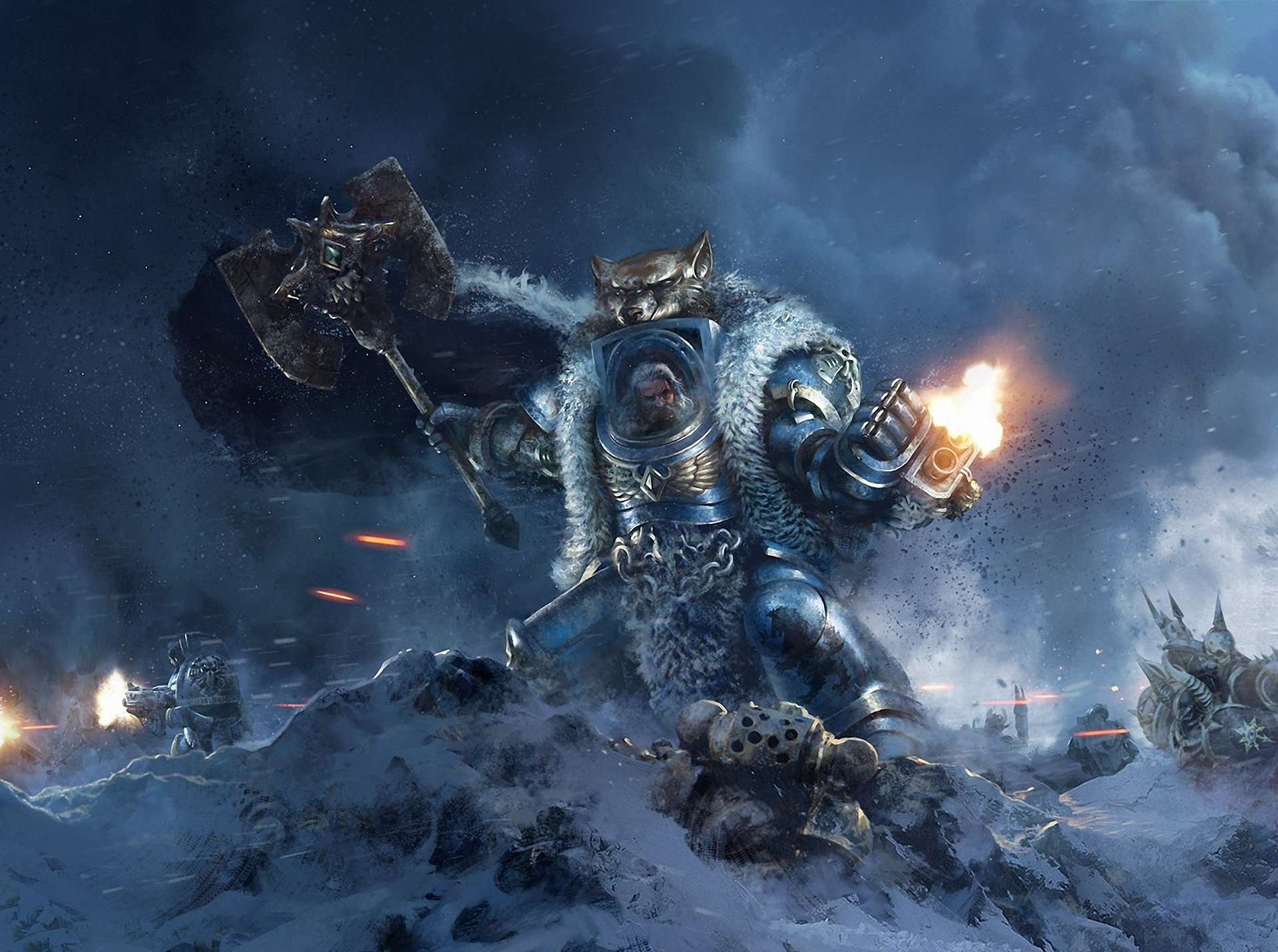 HD PC desktop wallpaper featuring a fierce Warhammer Space Marine in blue armor wielding a large axe and firing a gun amidst a smoky battlefield in a video game setting.