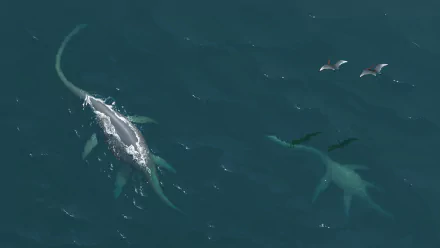 A captivating HD PC desktop wallpaper featuring aquatic dinosaurs swimming in deep blue waters, accompanied by birds overhead, showcasing a blend of prehistoric life and marine scenery.