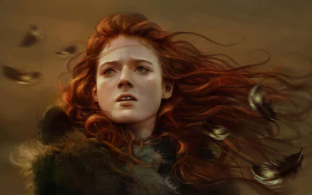 A striking HD desktop wallpaper featuring a character from Game of Thrones, capturing her emotional expression and flowing red hair against a tumultuous background.