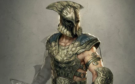 HD PC desktop wallpaper featuring a detailed, armored warrior from the video game Age of Conan, wearing an ornate helmet and battle-worn armor.