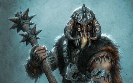 HD desktop wallpaper featuring a fierce warrior from the Age of Conan video game, clad in fur and armor, wielding a spiked mace against a cold, misty background.