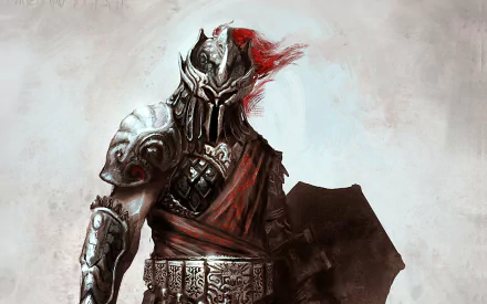 HD desktop wallpaper featuring a fierce armored warrior from the video game Age of Conan, wielding a large shield with a dramatic, blood-streaked helmet design.