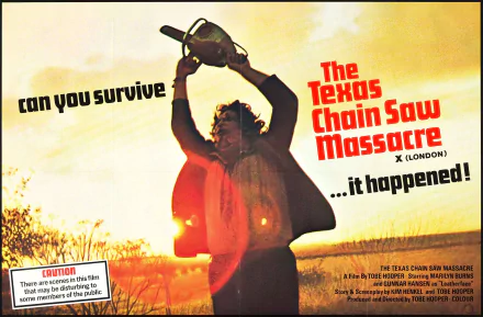 Movie: The Texas Chain Saw Massacre (1974) 2K Quad HD PC desktop wallpaper and background: silhouetted figure raising a chainsaw at sunset with bold title and the tagline ...it happened!