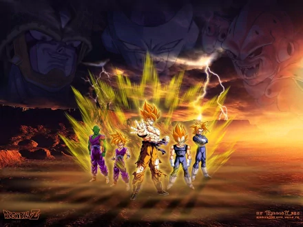 HD desktop wallpaper featuring Super Saiyan Goku, Gohan, Trunks, and Vegeta from Dragon Ball Z, with Cell, Frieza, and Majin Buu in the background.