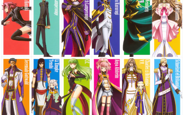 A vibrant 4K Ultra HD wallpaper featuring characters from Code Geass, including Lelouch, Suzaku, C.C., and others, each showcasing their unique designs against colorful backgrounds.