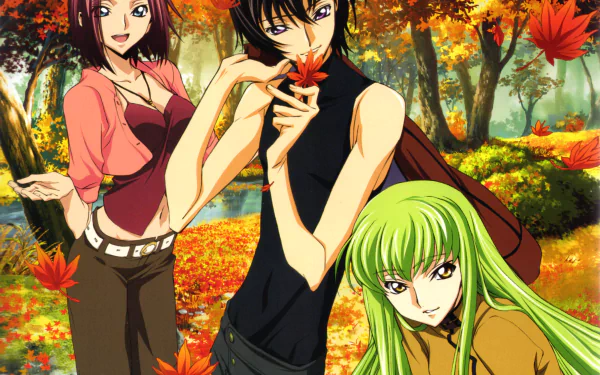 Code Geass anime 4K PC wallpaper: C.C., Kallen Kōzuki and Lelouch Lamperouge posed in a sunlit autumn forest as red maple leaves drift around them.