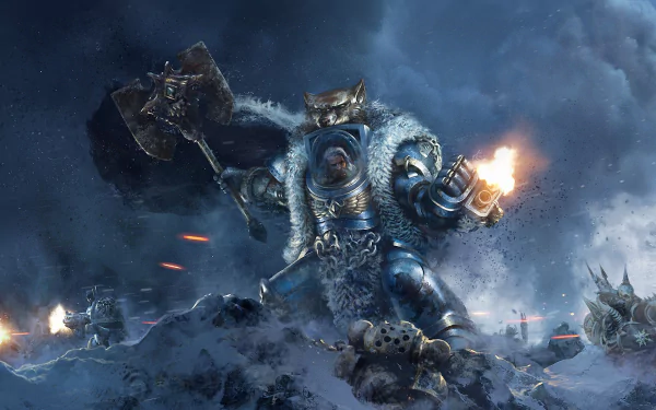 HD PC desktop wallpaper featuring a fierce Warhammer Space Marine in blue armor wielding a large axe and firing a gun amidst a smoky battlefield in a video game setting.