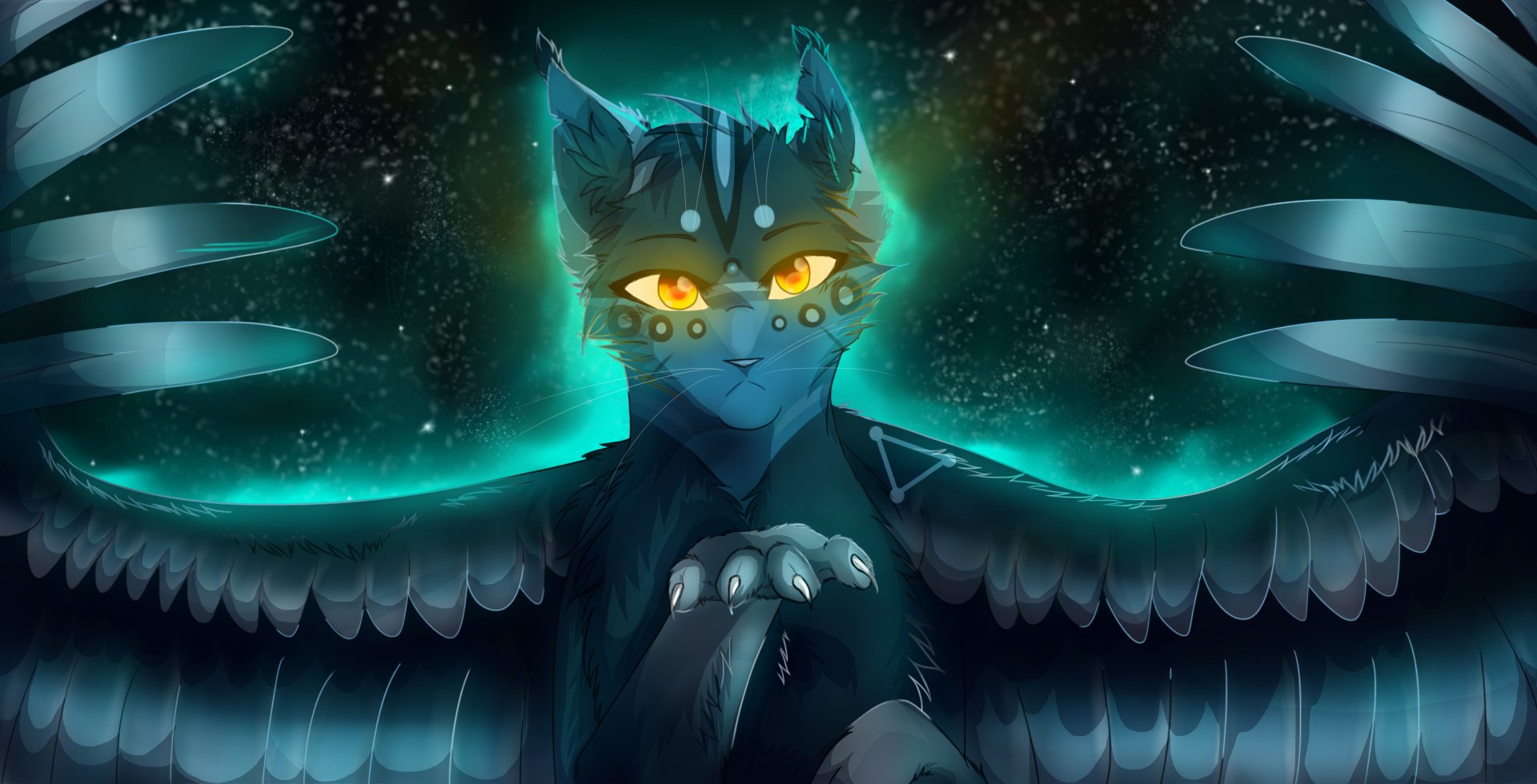 HD fantasy desktop wallpaper of a mystical cat with glowing yellow eyes and dark feathered wings, set against a starry, ethereal background.