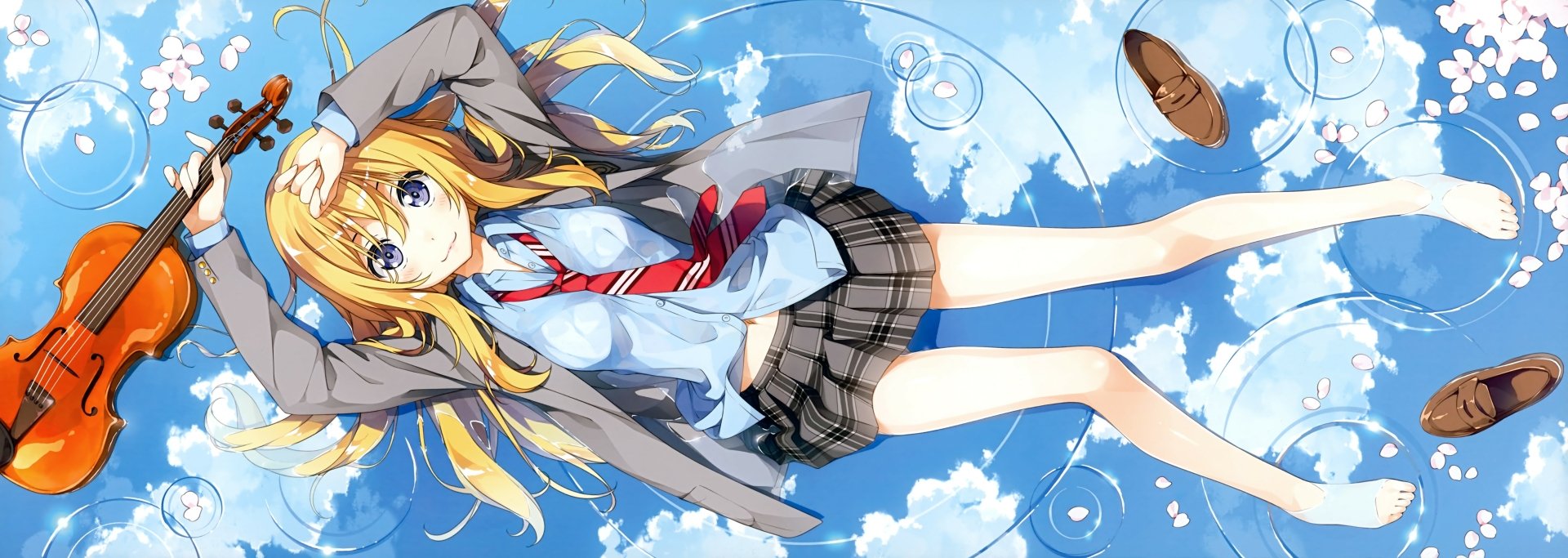 Anime HD desktop wallpaper featuring Kaori Miyazono from Your Lie in April, wearing a school uniform with a red tie, blonde hair, and blue eyes, lying down with a backdrop of blue sky and clouds.