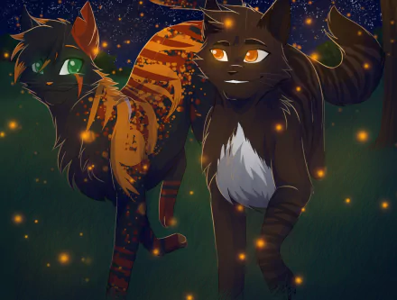 HD fantasy-themed desktop wallpaper featuring two mystical cats with glowing eyes and ethereal details, blending animal and fantasy elements in a vibrant night setting.