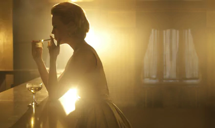 A glamorous silhouette of Betty Draper, portrayed by January Jones, smoking a cigarette in a bar, illuminated by soft light, capturing the essence of Mad Men. 8K Ultra HD wallpaper.