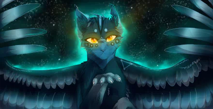 HD fantasy desktop wallpaper of a mystical cat with glowing yellow eyes and dark feathered wings, set against a starry, ethereal background.