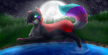 HD fantasy animal wallpaper featuring a vibrant, colorful cat with glowing blue eyes by a moonlit pond in a mystical nighttime setting.