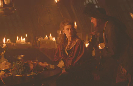 HD desktop wallpaper featuring Hector Barbossa (Geoffrey Rush) and Elizabeth Swann (Keira Knightley) from the movie Pirates of the Caribbean: The Curse of the Black Pearl.