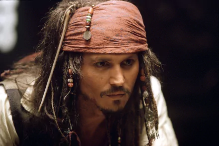 Jack Sparrow, portrayed by Johnny Depp in Pirates of the Caribbean: The Curse of the Black Pearl, gazes intently, capturing the adventurous spirit of the iconic pirate.