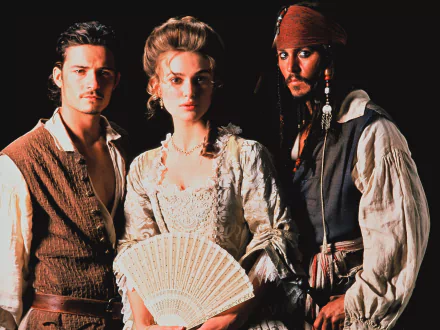 A dramatic HD wallpaper featuring Will Turner (Orlando Bloom), Elizabeth Swann (Keira Knightley), and Jack Sparrow (Johnny Depp) from Pirates of the Caribbean: The Curse of the Black Pearl.