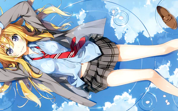 Anime HD desktop wallpaper featuring Kaori Miyazono from Your Lie in April, wearing a school uniform with a red tie, blonde hair, and blue eyes, lying down with a backdrop of blue sky and clouds.