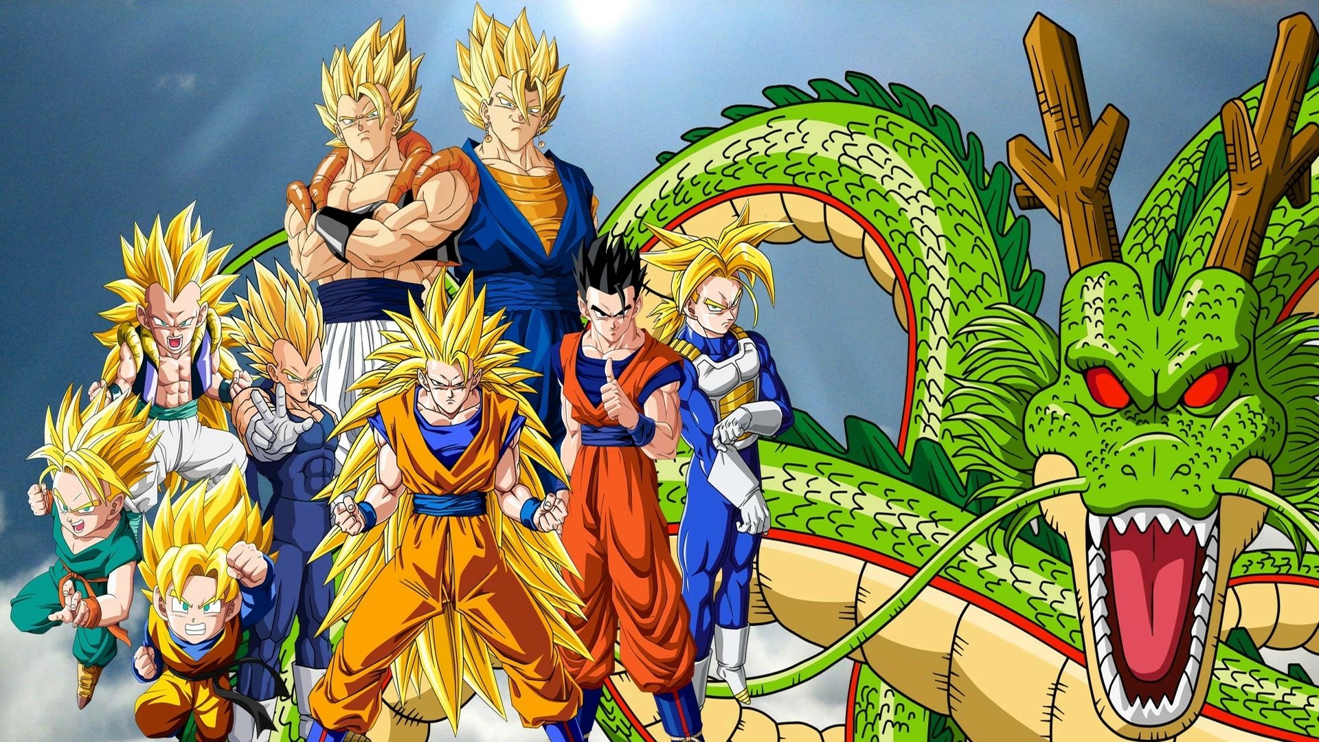 Vibrant HD wallpaper featuring iconic characters from Dragon Ball Z, including multiple forms of Goku, Vegeta, and Shenron, set against a dynamic background.