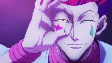 HD desktop wallpaper featuring Hisoka from Hunter × Hunter, smiling with one eye closed, framed with his hand. The image captures the vibrant, detailed anime art style.