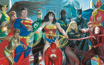 HD PC desktop wallpaper of Justice League Heroes video game featuring iconic superheroes like Superman, Wonder Woman, Batman, Flash, and others in a dynamic group pose.