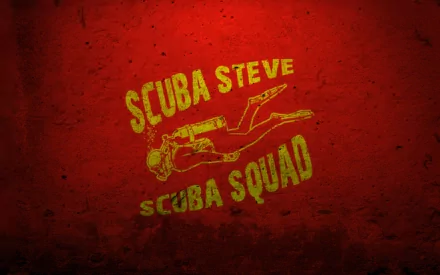 HD PC desktop wallpaper featuring a red textured background with yellow text Scuba Steve Scuba Squad and an illustration of a scuba diver, inspired by the movie Big Daddy.