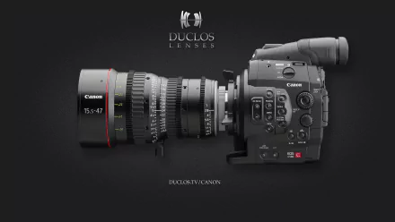 4K Ultra HD desktop wallpaper featuring a Canon EOS C500 professional camera with a Duclos Lenses attachment on a black background.