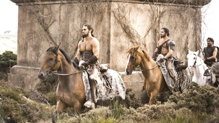 Jason Momoa as Drogo rides alongside a companion in this HD Game of Thrones wallpaper, showcasing an epic scene from the iconic TV show.